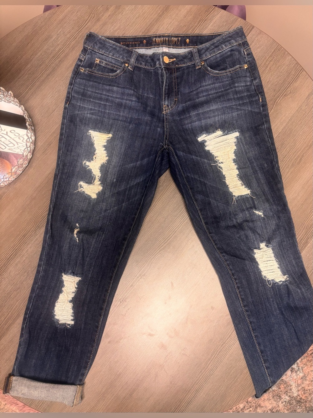 Jennifer Lopez Dark Blue Distressed Boyfriend Jeans